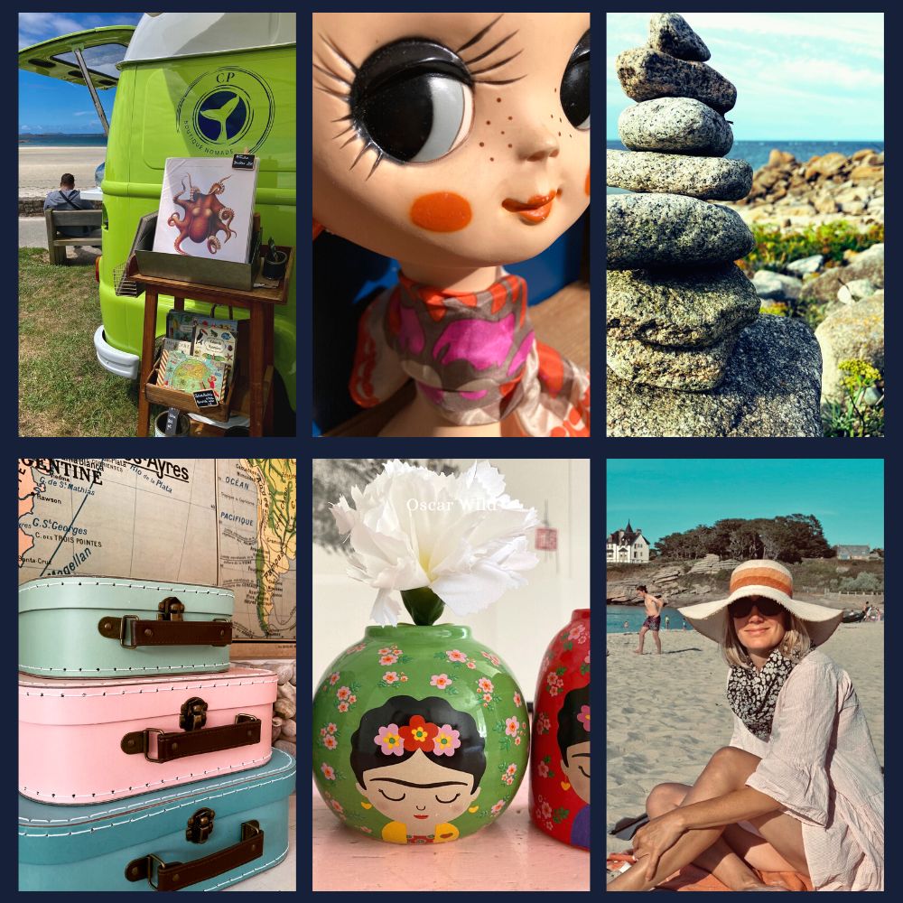 La boutique estafette propose ses articles en bordure de plage: illustrations botaniques, valisettes vintage, foulard coloré et vases Frida Khalo.
